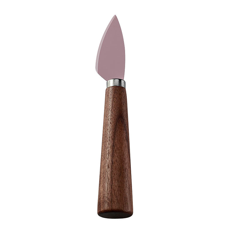 Pointed Hard Cheese Knife with Pink Coated Blade & Walnut Tapered Handle
