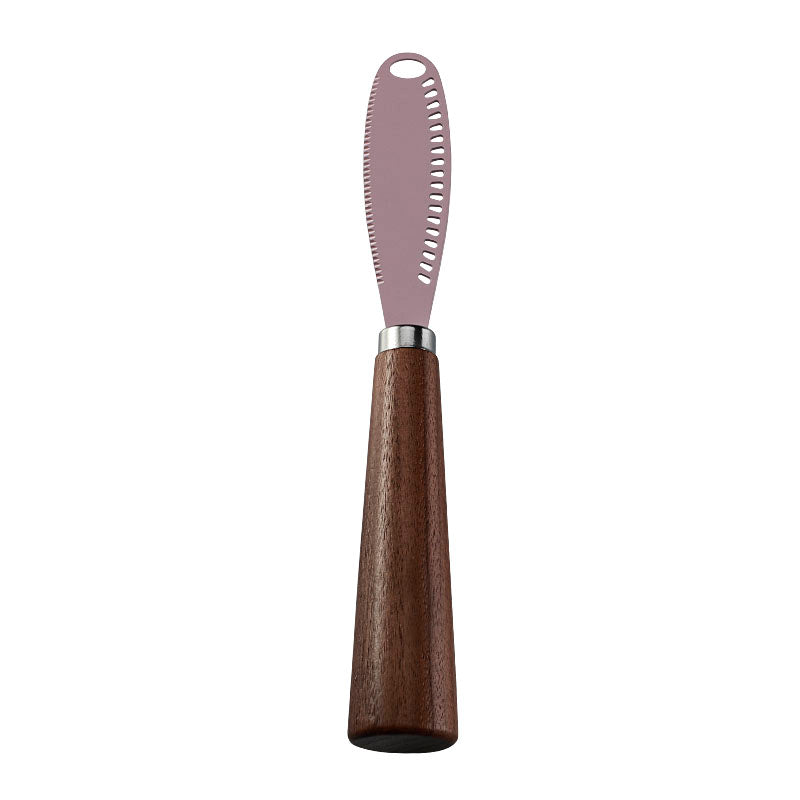 Multi-Slot Double-Sided Serrated Soft Cheese Knife with Hanging Hole, Pink Coated Blade & Walnut Handle
