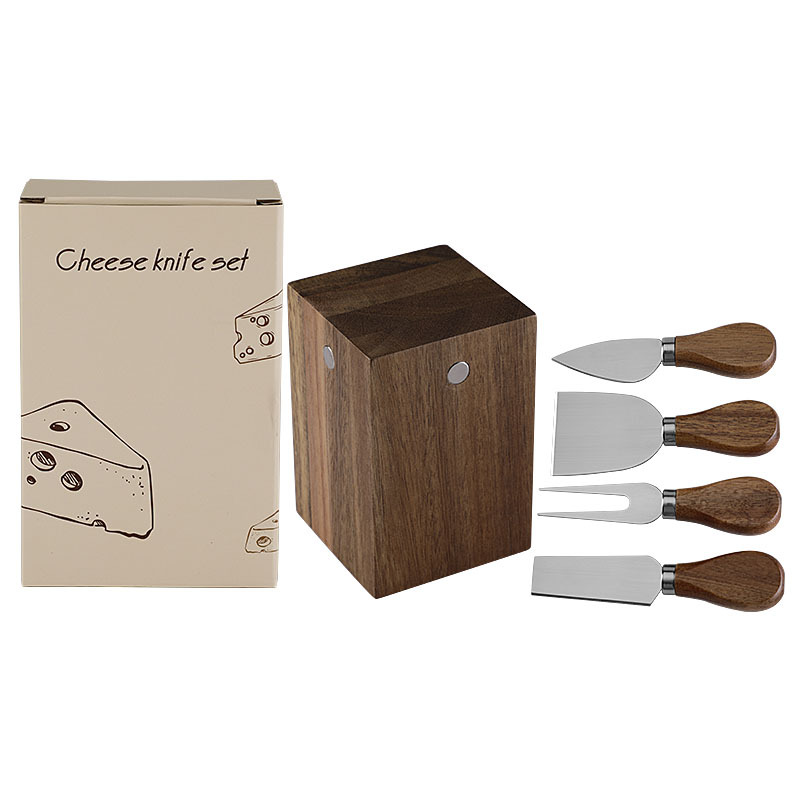 5-Piece Cheese Knife Set with Teardrop Acacia Wood Handles & Block