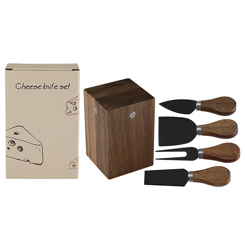5-Piece Cheese Knife Set with Teardrop Acacia Wood Handles & Block