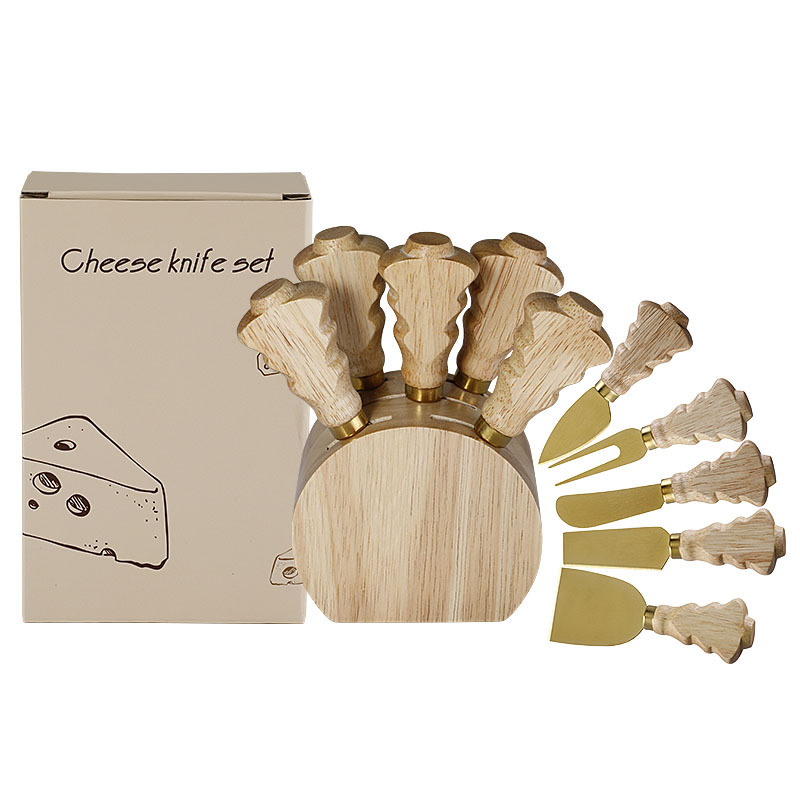 5-Piece Cheese Knife Set with Rubber Wood Stand