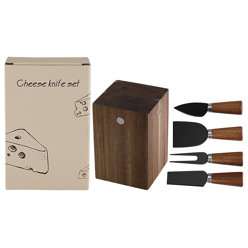 4-Piece Cheese Knife Set with Tapered Acacia Wood Handles & Block