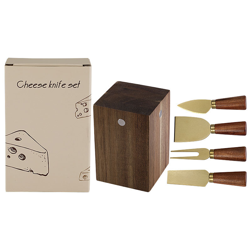 4-Piece Cheese Knife Set with Tapered Acacia Wood Handles & Block