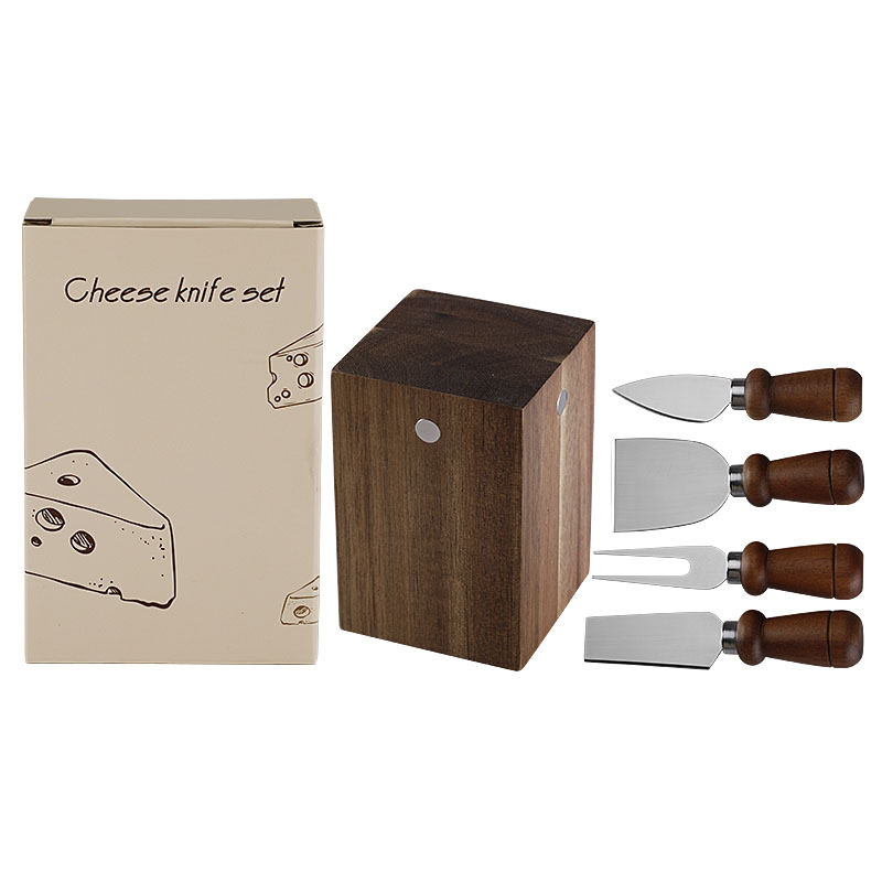 5-Piece Cheese Knife Set with Mushroom Acacia Wood Handles & Block