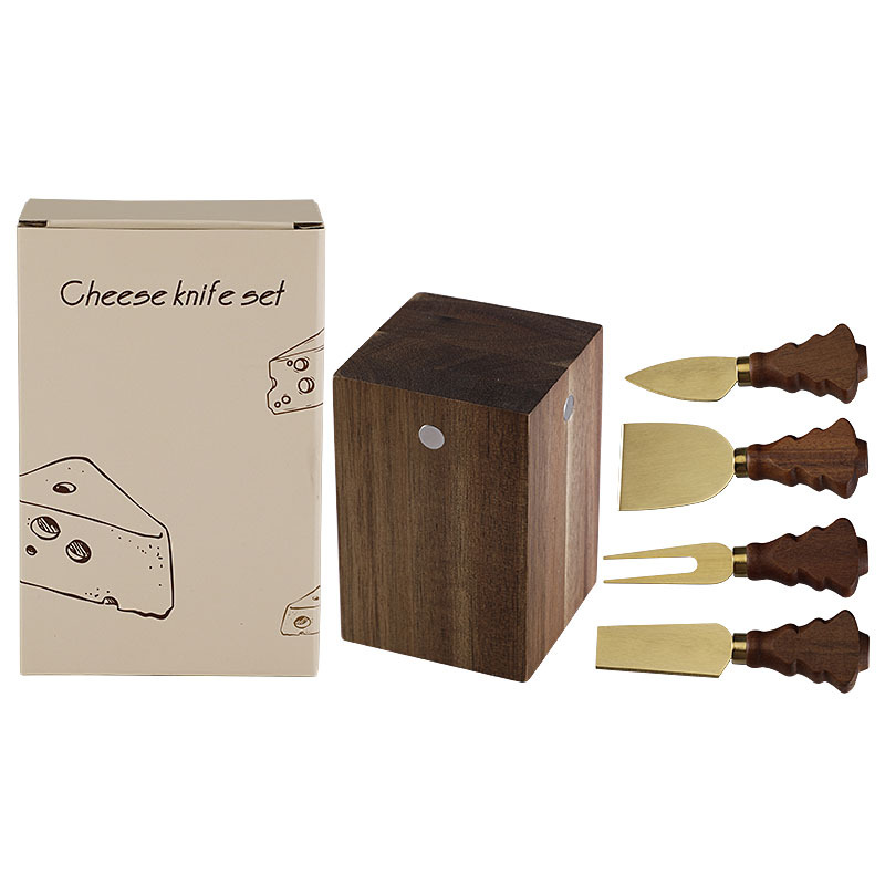 4-Piece Christmas Tree Cheese Knife Set with Acacia Wood Block – 3 Colors