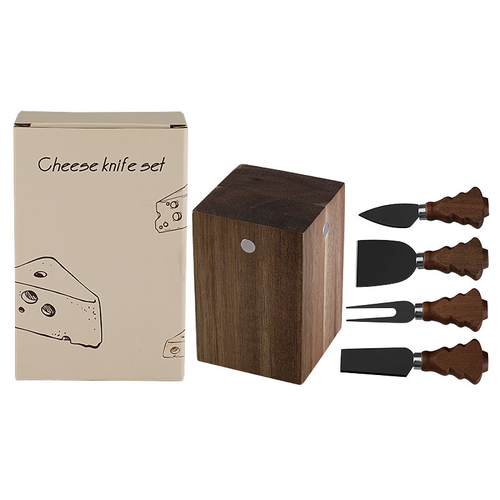 4-Piece Christmas Tree Cheese Knife Set with Acacia Wood Block – 3 Colors