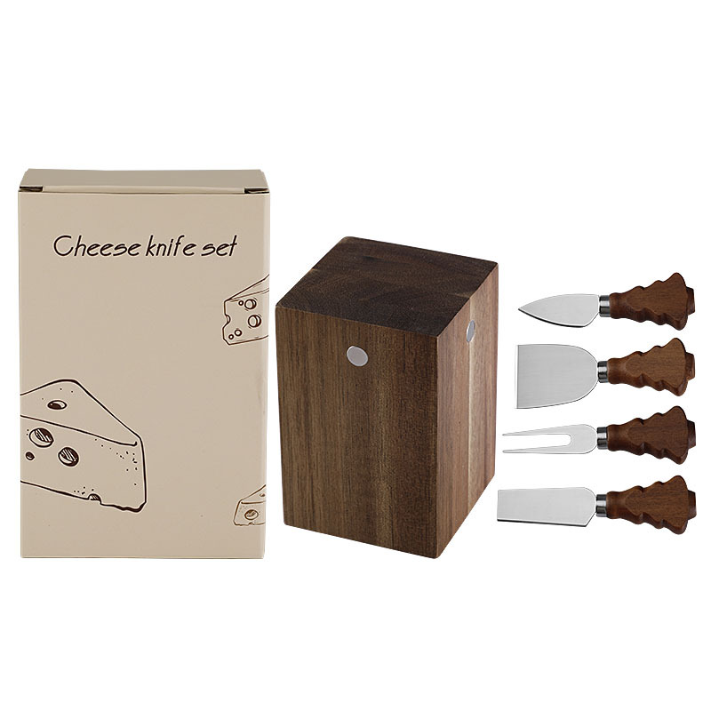 4-Piece Christmas Tree Cheese Knife Set with Acacia Wood Block – 3 Colors