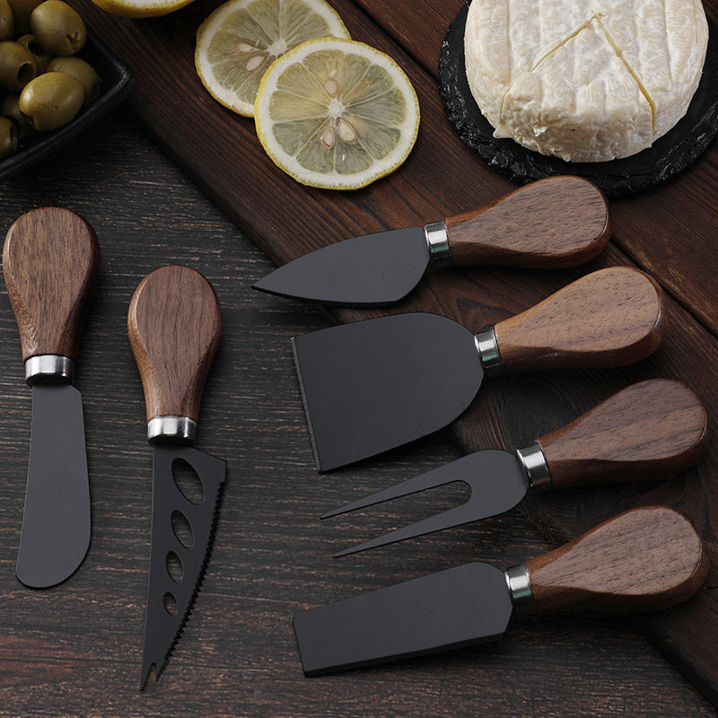 6-Piece Black Cheese Knife Set | Walnut Handle & Stainless Steel