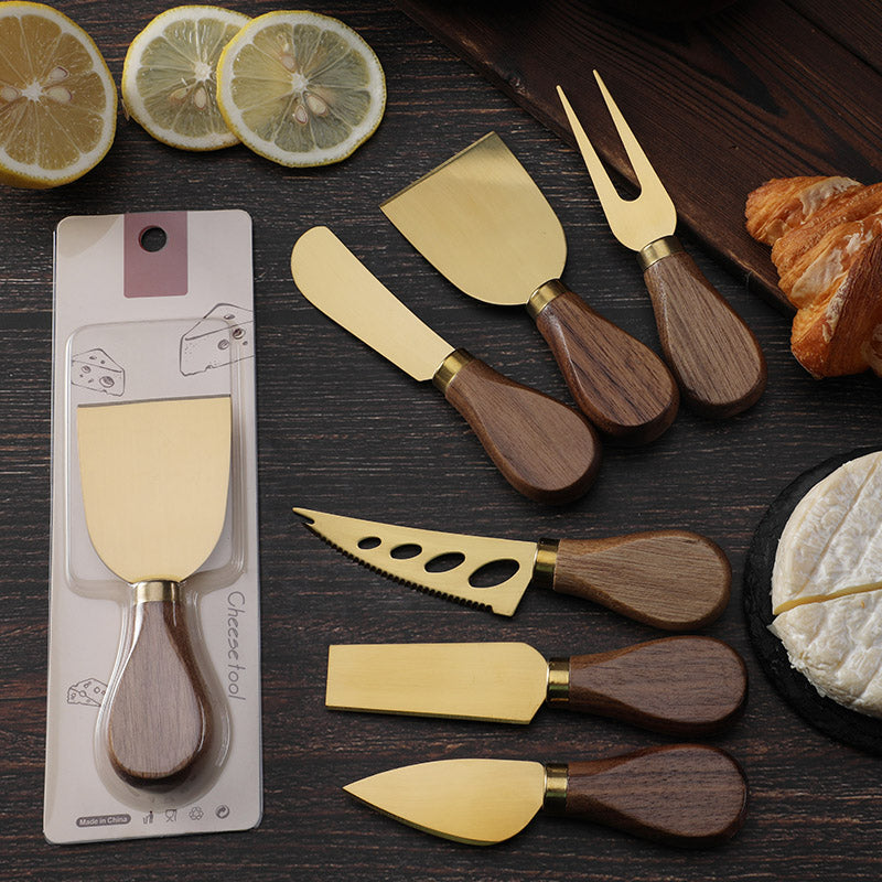 6-Piece Cheese Knife Set with Walnut Wood Handles – Gold