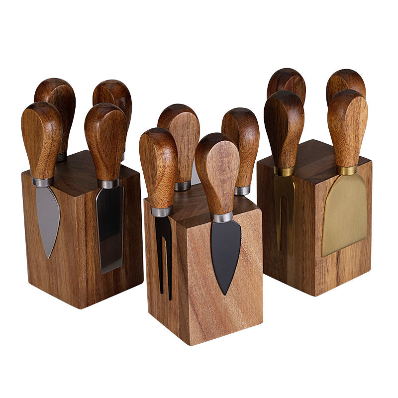 5-Piece Cheese Knife Set with Teardrop Acacia Wood Handles & Block