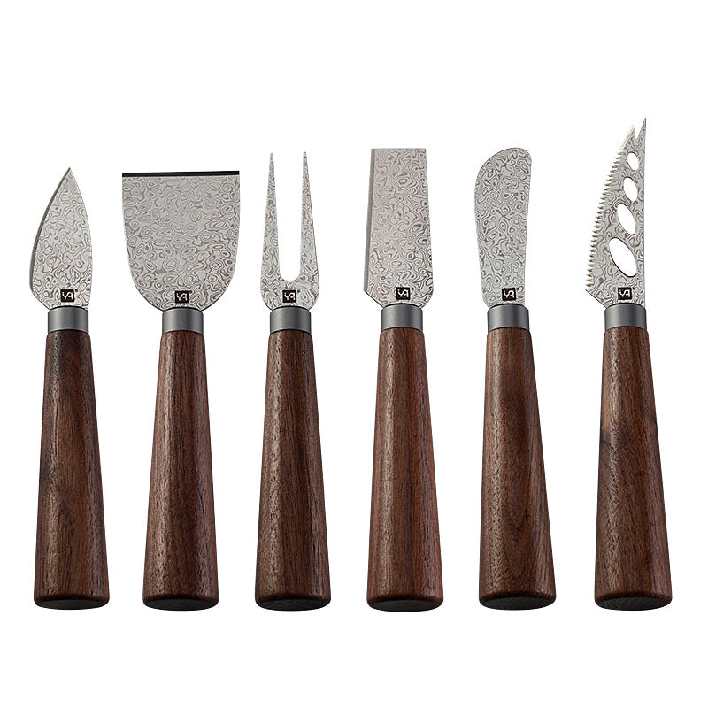6-Piece Damascus Steel Cheese Knife Set with Walnut Wood Handles