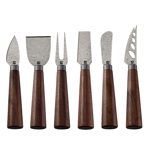 6-Piece Damascus Steel Cheese Knife Set with Walnut Wood Handles