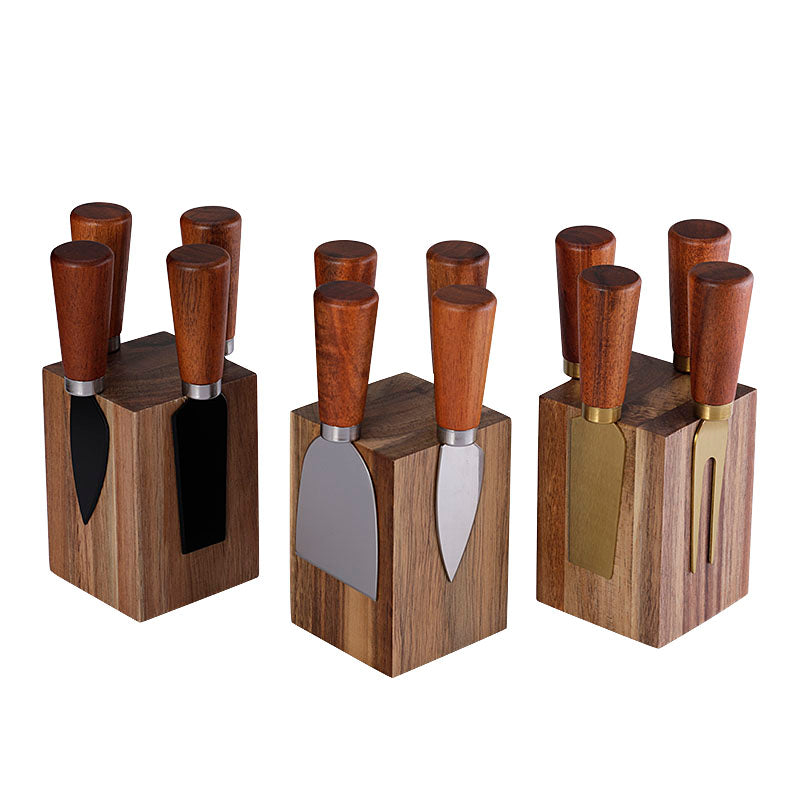 4-Piece Cheese Knife Set with Tapered Acacia Wood Handles & Block