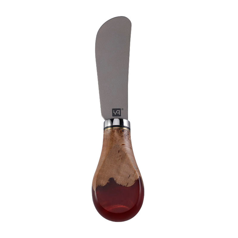 Titanium Butter Knife & Cheese Spreader with Burl Wood & Red Resin Handle