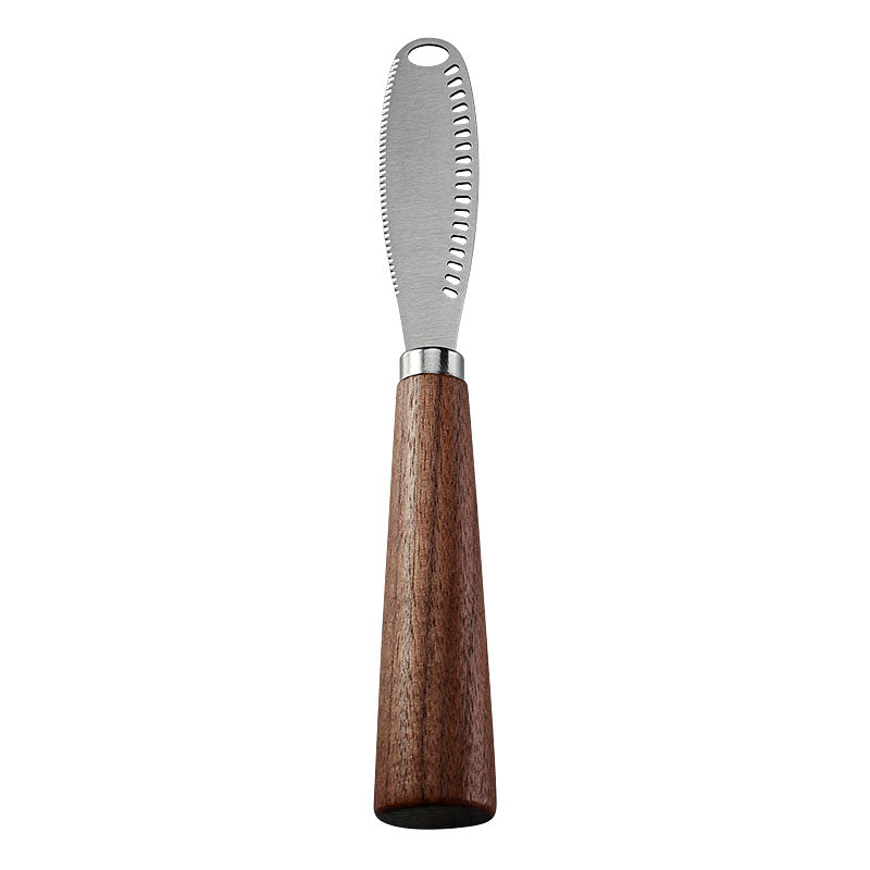 Multi-Slot Double-Sided Serrated Soft Cheese Knife with Hanging Hole, Brushed Satin Stainless Steel & Walnut Handle
