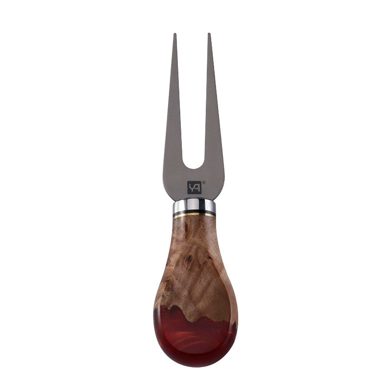 Titanium Cheese Fork with Burl Wood & Red Resin Handle