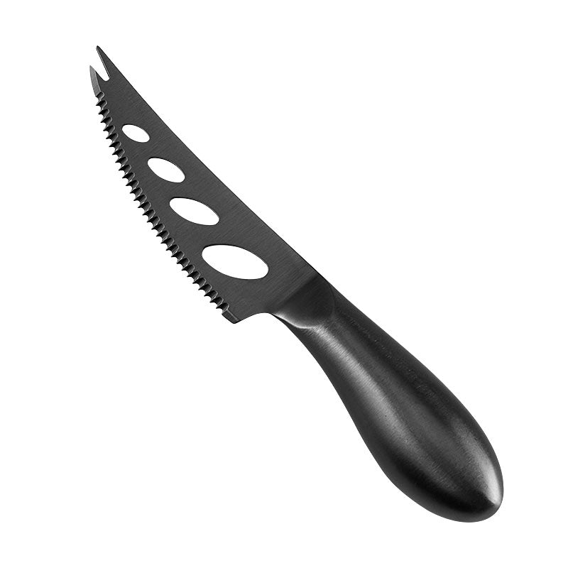 Full-Tang Three-Hole Serrated Soft Cheese Knife with Fork Tip, Black Stainless Steel, Teardrop Handle