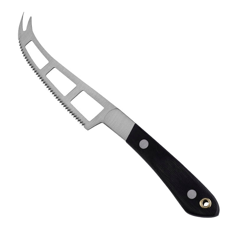 Two-Hole Serrated Soft Cheese Knife with Fork Tip, Stainless Steel & Black Pakkawood Handle