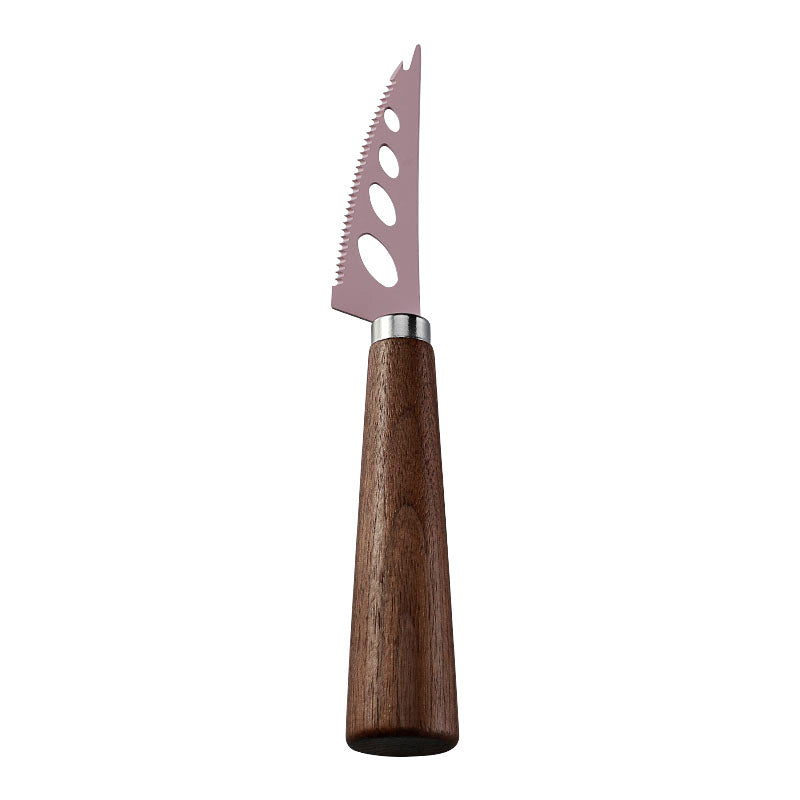 Three-Hole Serrated Soft Cheese Knife with Fork Tip, Pink Coated Blade & Walnut Handle